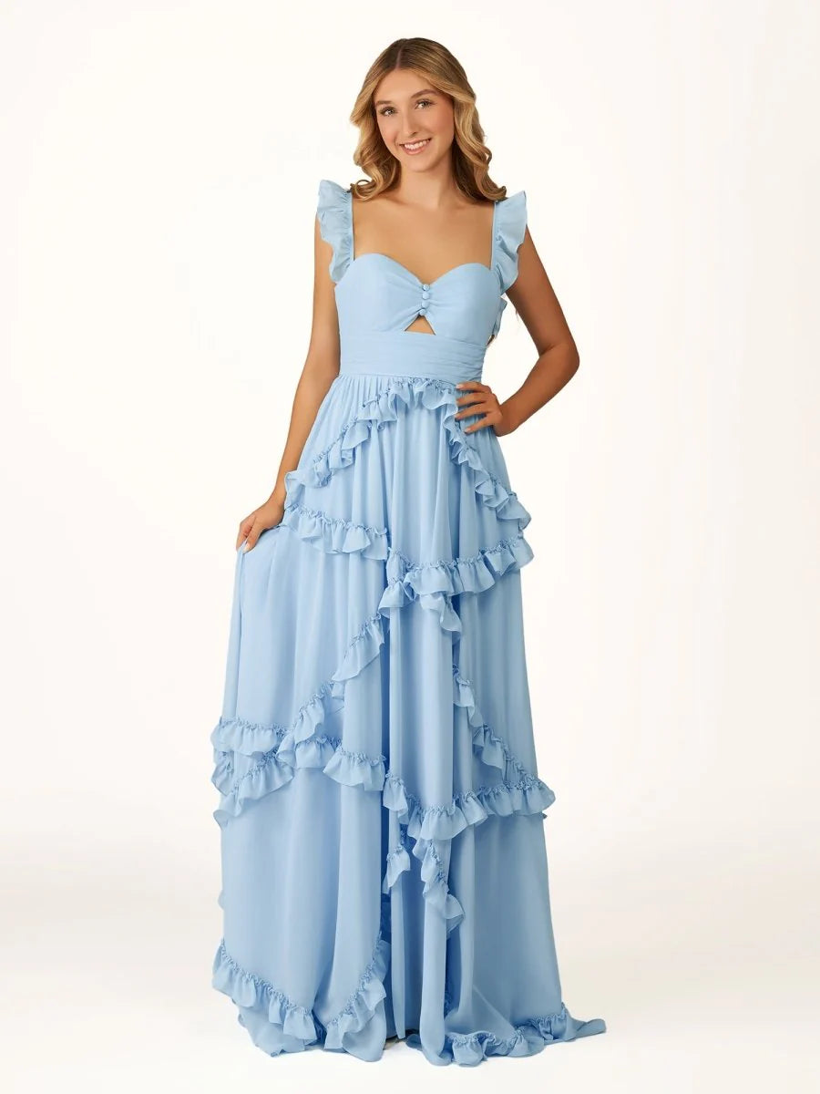 Romantic Sky Blue A-Line Sweetheart Neck Sleeveless Tiered Ruffle Open Back Back Zip Floor-Length Prom Dress Hot Sale