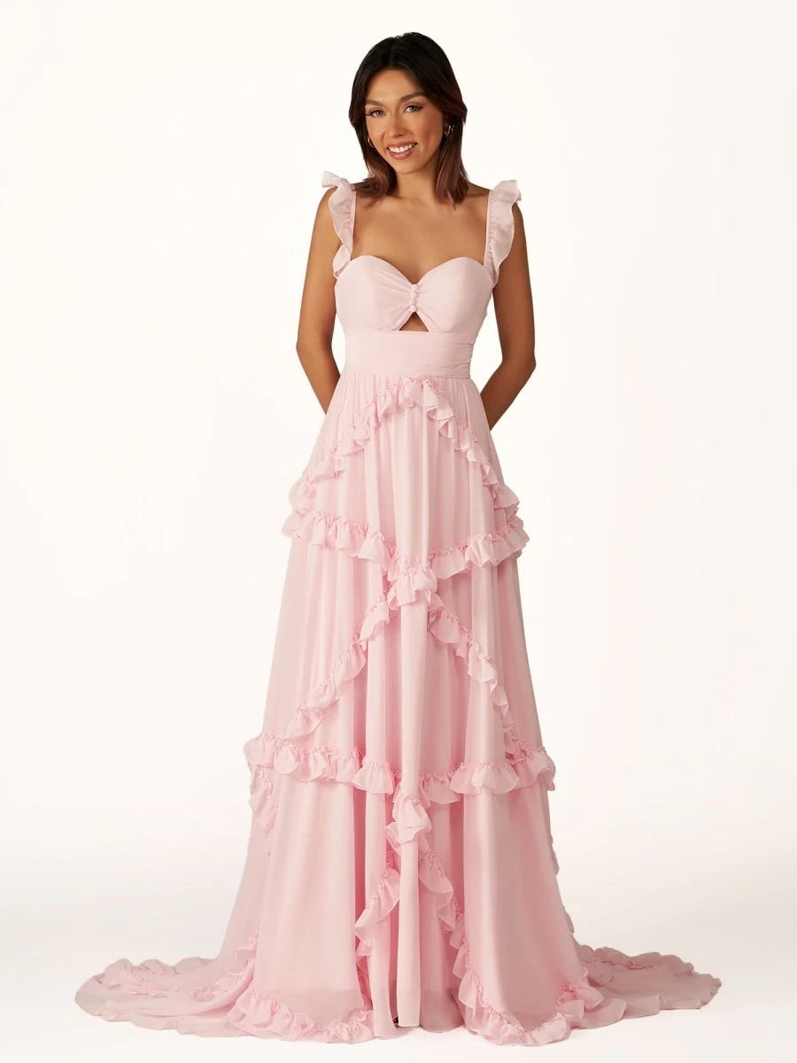 Romantic Sky Blue A-Line Sweetheart Neck Sleeveless Tiered Ruffle Open Back Back Zip Floor-Length Prom Dress Hot Sale