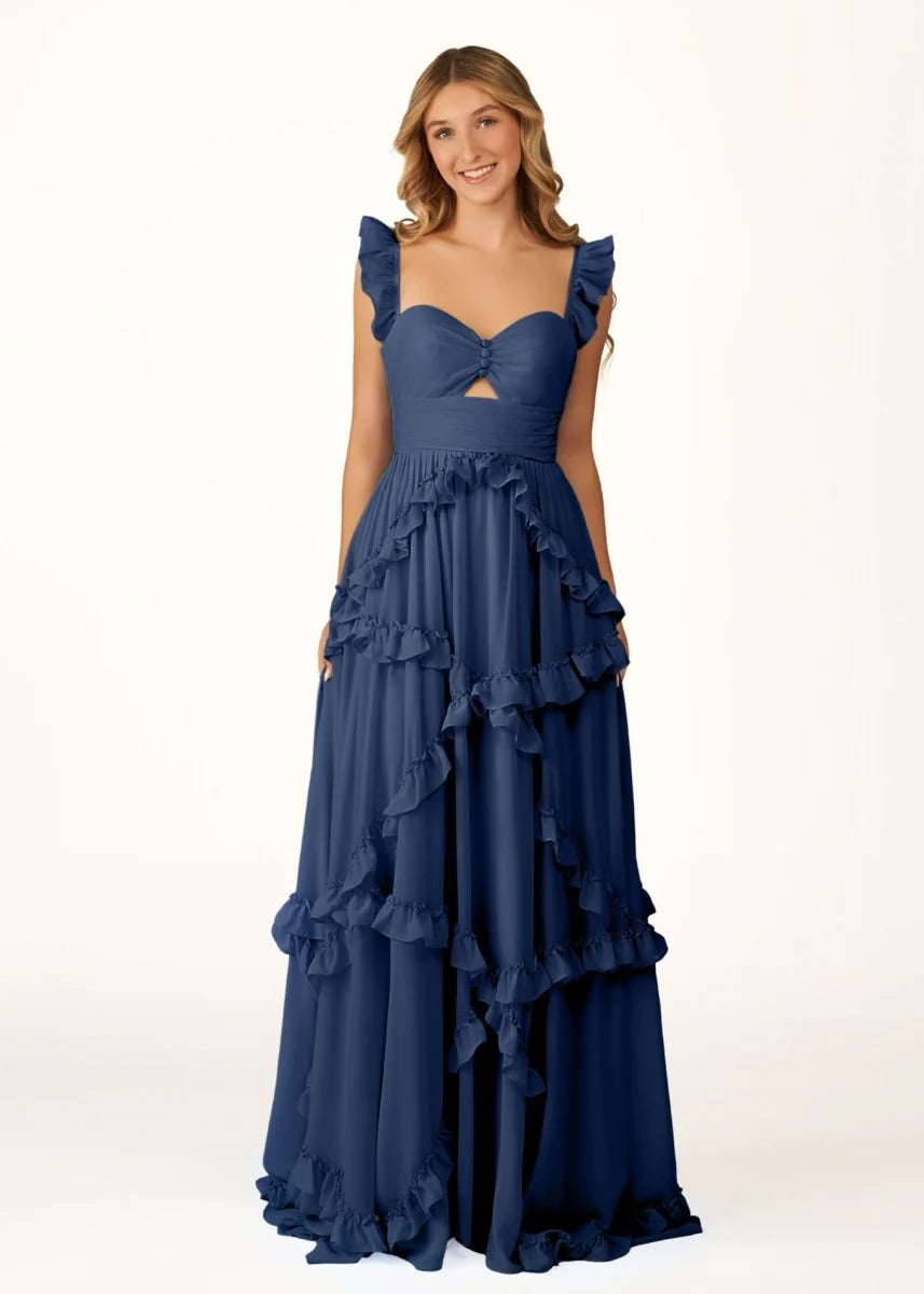 Romantic Sky Blue A-Line Sweetheart Neck Sleeveless Tiered Ruffle Open Back Back Zip Floor-Length Prom Dress Hot Sale