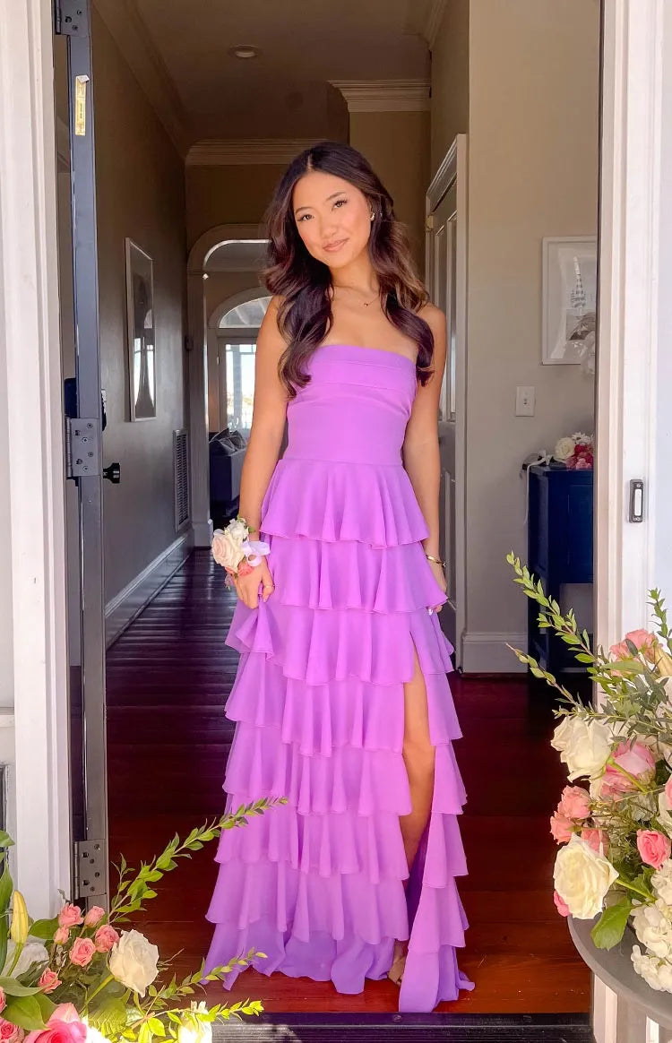 Romantic Tiered Ballgown Strapless Lace-Up Back High Slit Floor Length Formal Prom Gown