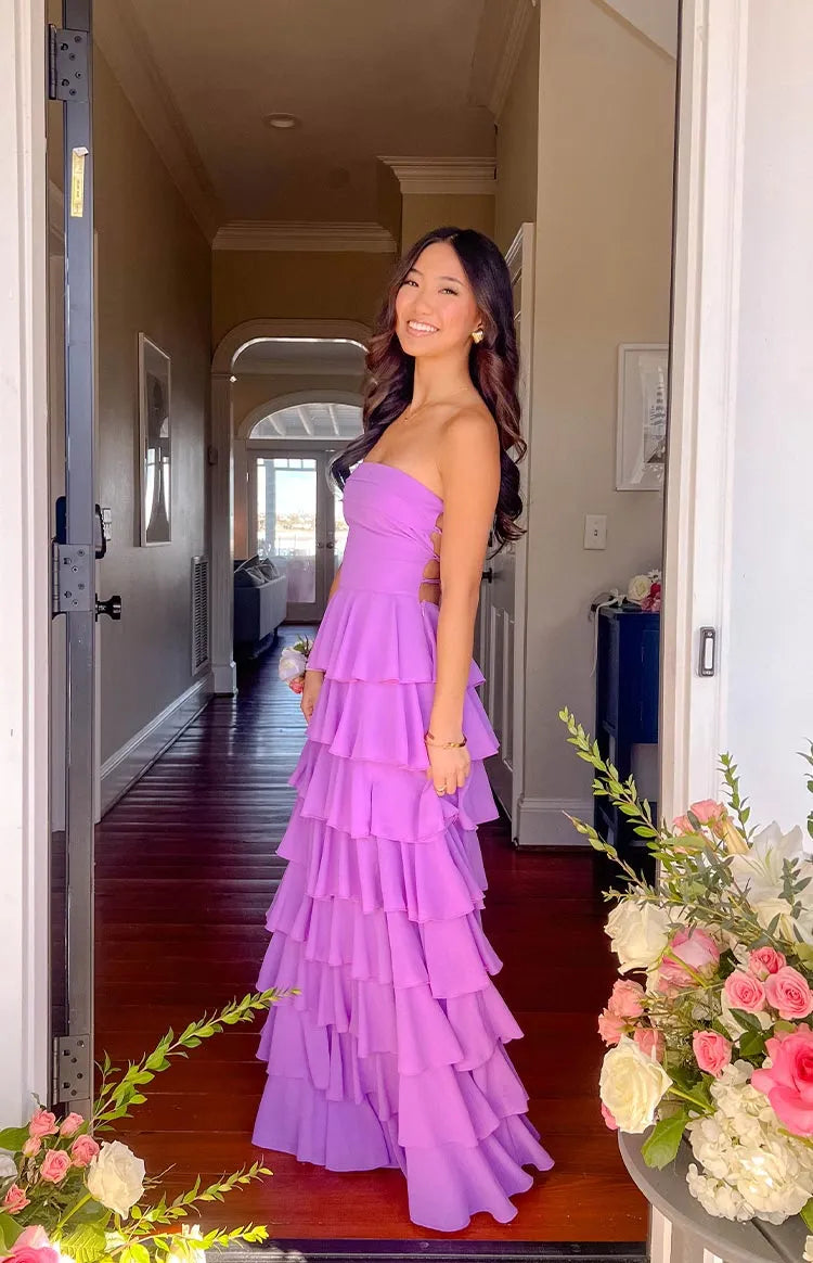 Romantic Tiered Ballgown Strapless Lace-Up Back High Slit Floor Length Formal Prom Gown
