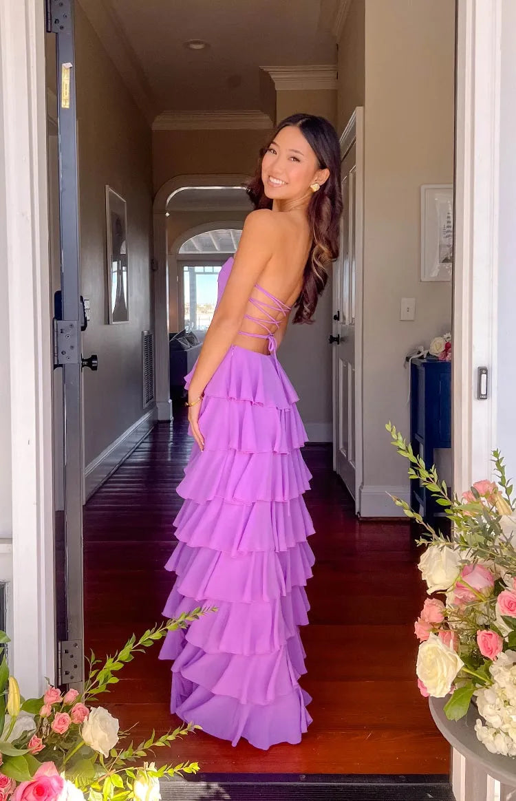 Romantic Tiered Ballgown Strapless Lace-Up Back High Slit Floor Length Formal Prom Gown