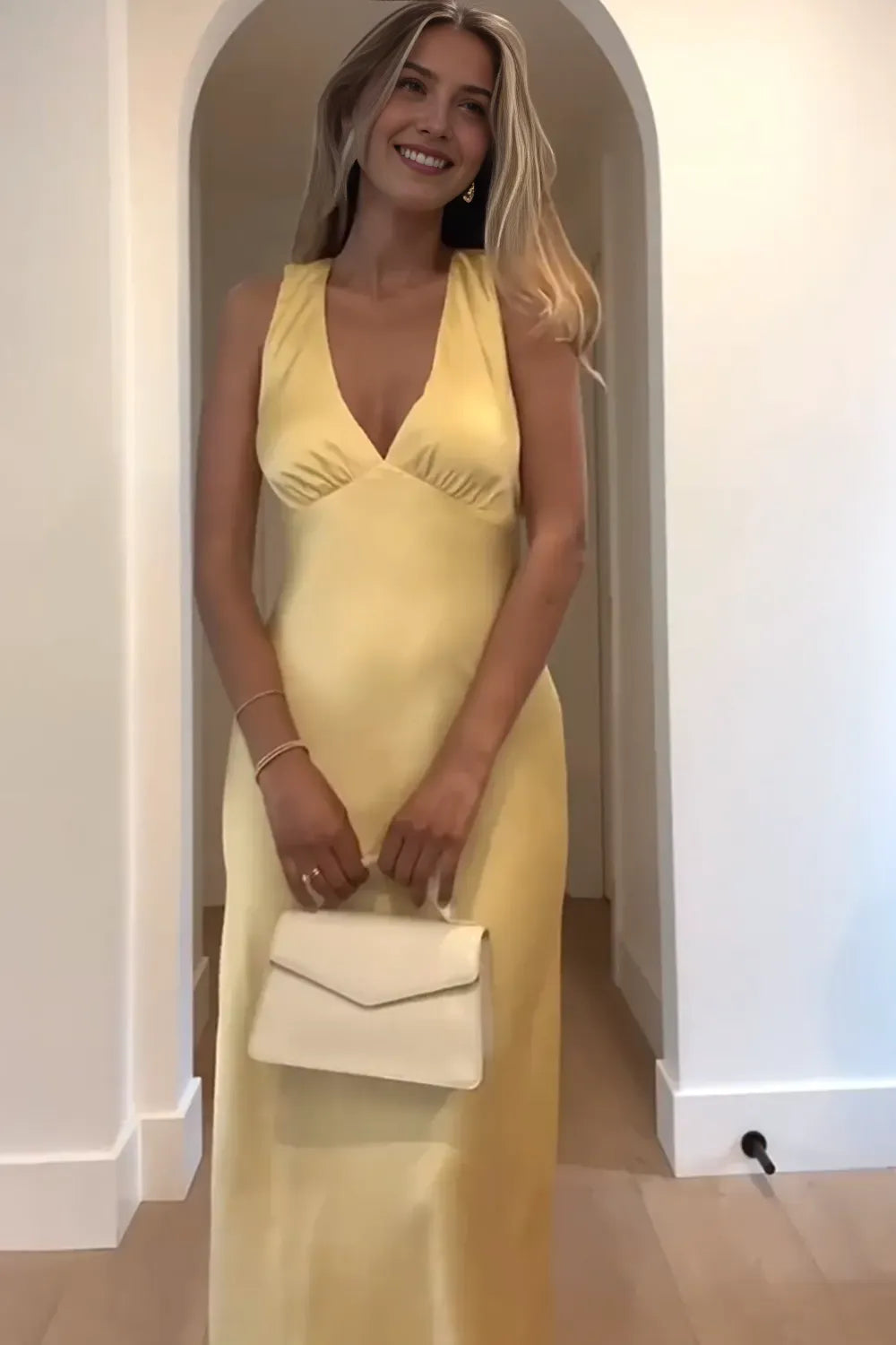 Romantic Yellow A-Line Deep V-Neck Sleeveless Draped Open-Back Ankle-Length Prom Dresses Hot Sale