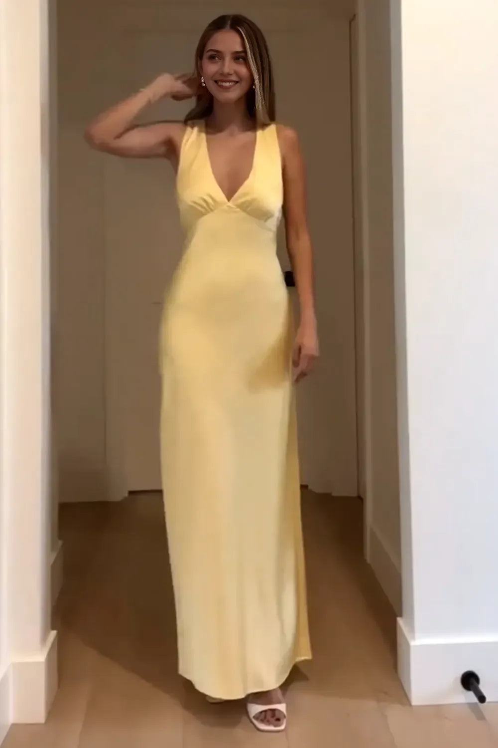 Romantic Yellow A-Line Deep V-Neck Sleeveless Draped Open-Back Ankle-Length Prom Dresses Hot Sale