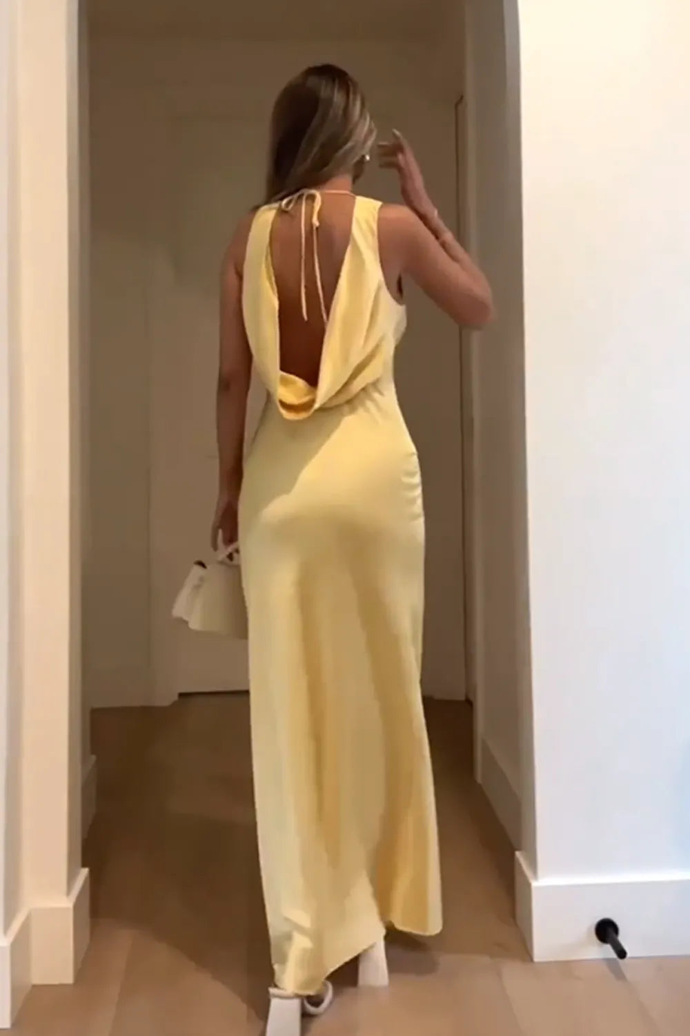 Romantic Yellow A-Line Deep V-Neck Sleeveless Draped Open-Back Ankle-Length Prom Dresses Hot Sale