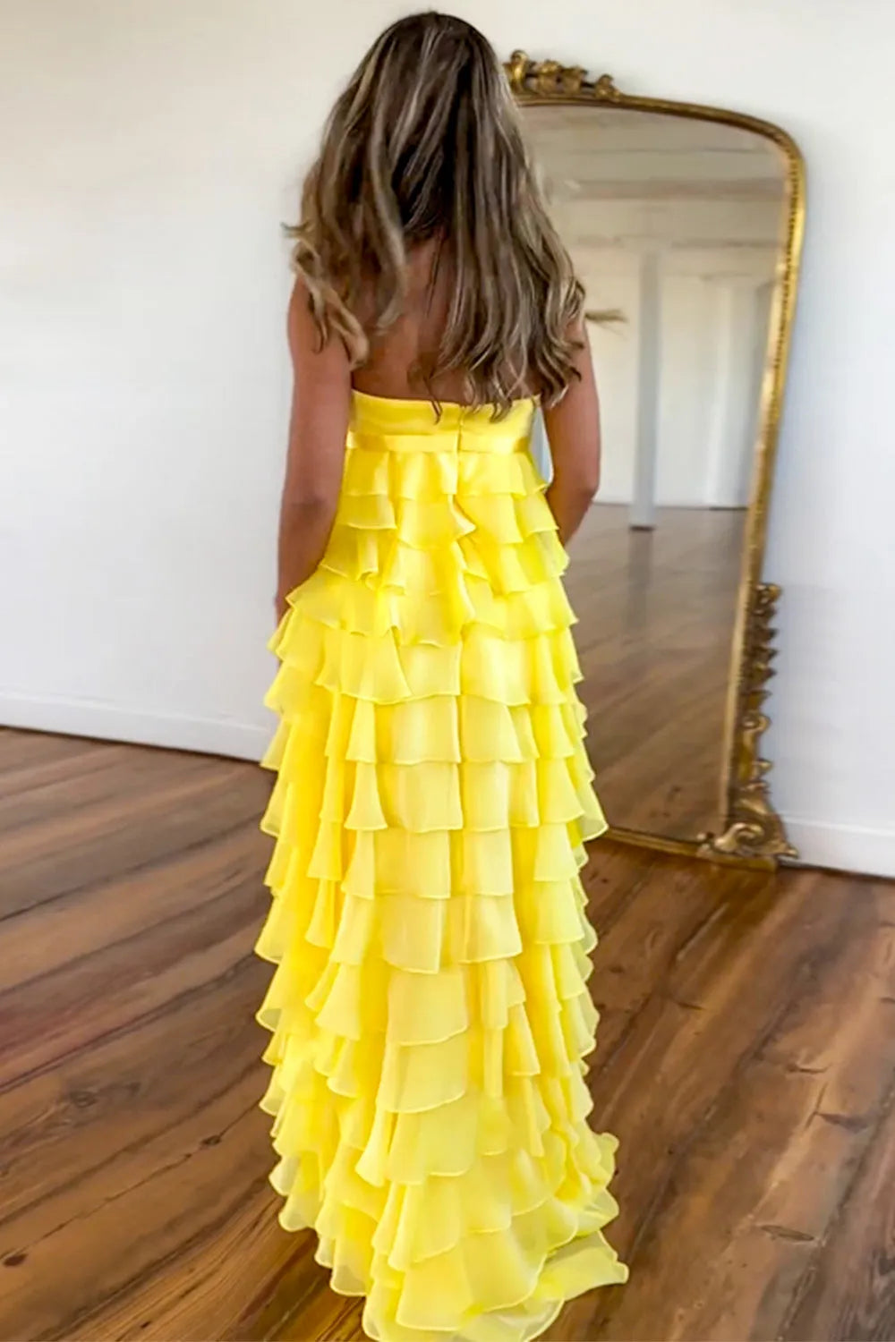 Romantic Yellow A-Line Strapless Sleeveless Bow knot Tiered Ruffled Back Zip Floor-Length Prom Dress