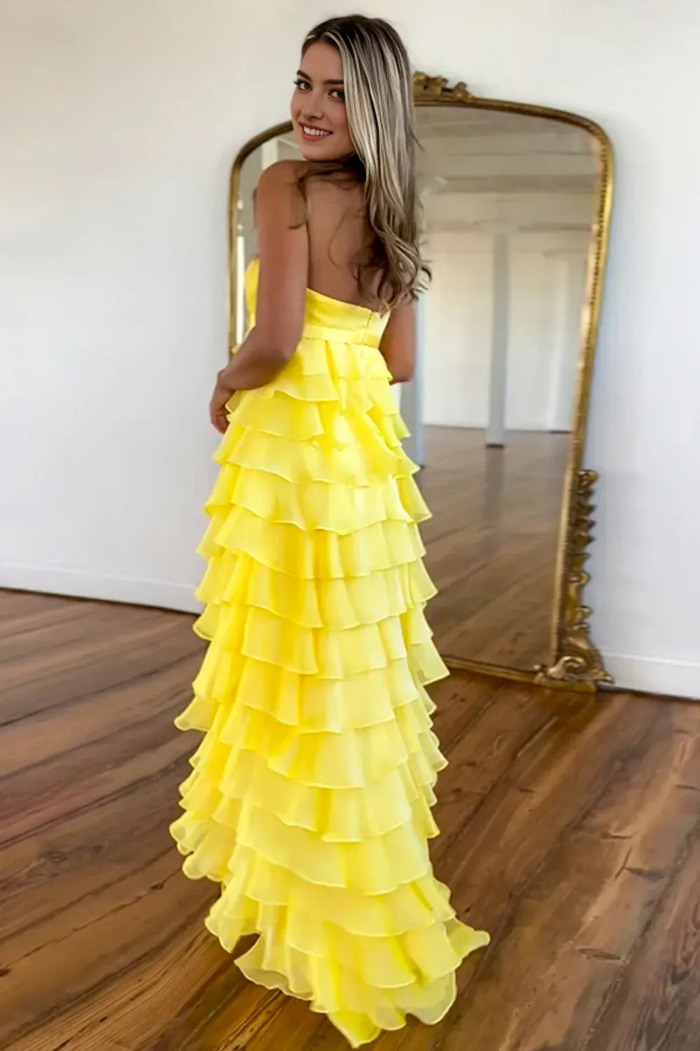 Romantic Yellow A-Line Strapless Sleeveless Bow knot Tiered Ruffled Back Zip Floor-Length Prom Dress
