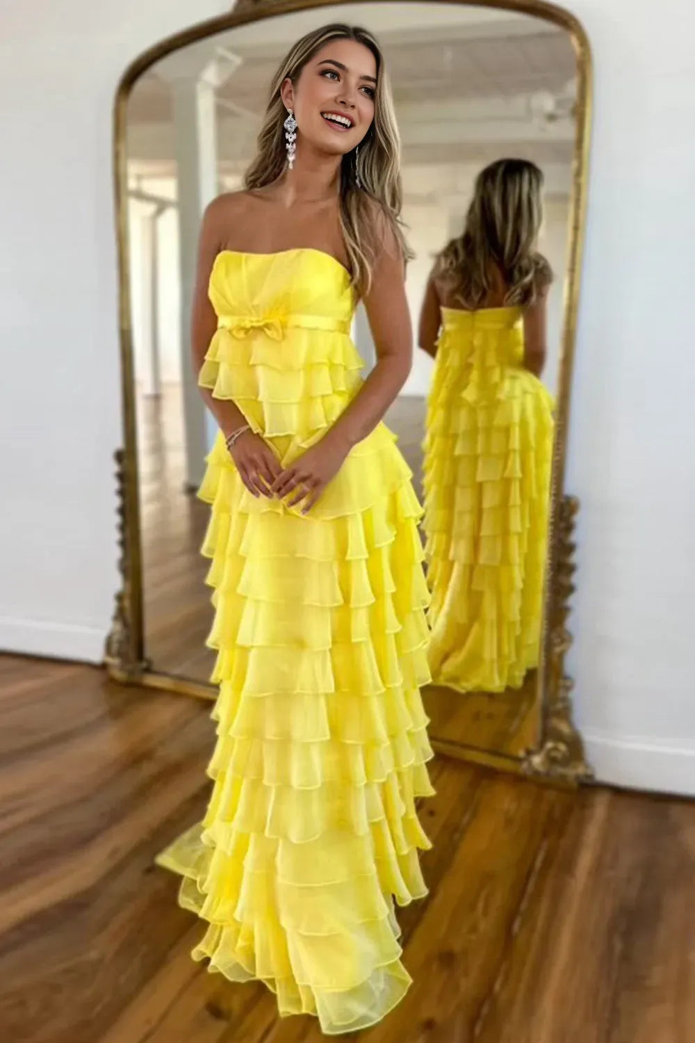 Romantic Yellow A-Line Strapless Sleeveless Bow knot Tiered Ruffled Back Zip Floor-Length Prom Dress