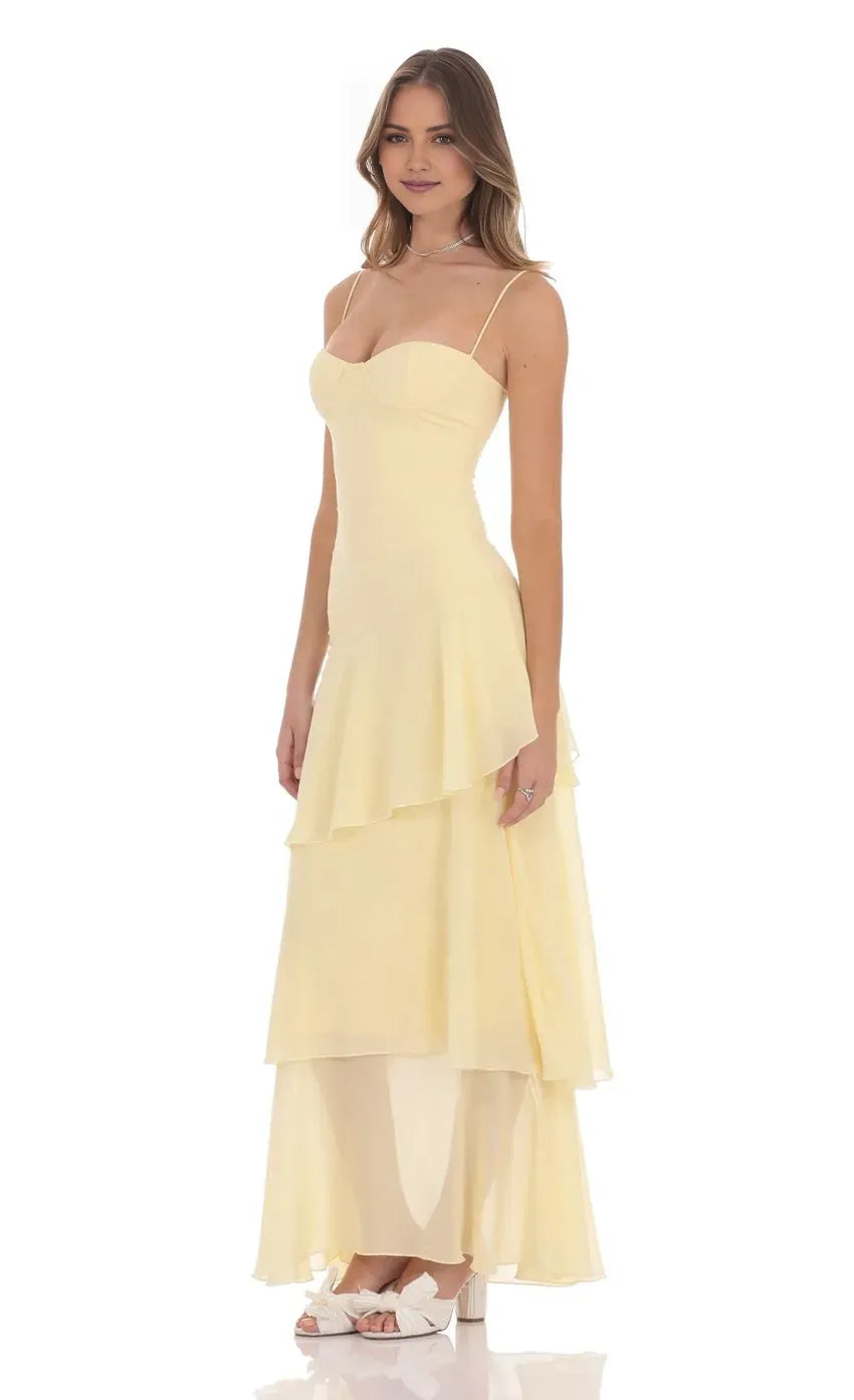 Romantic Yellow A-Line Sweetheart Neck Spaghetti Straps Open-Back Floor-Length Ruffle Prom Dress