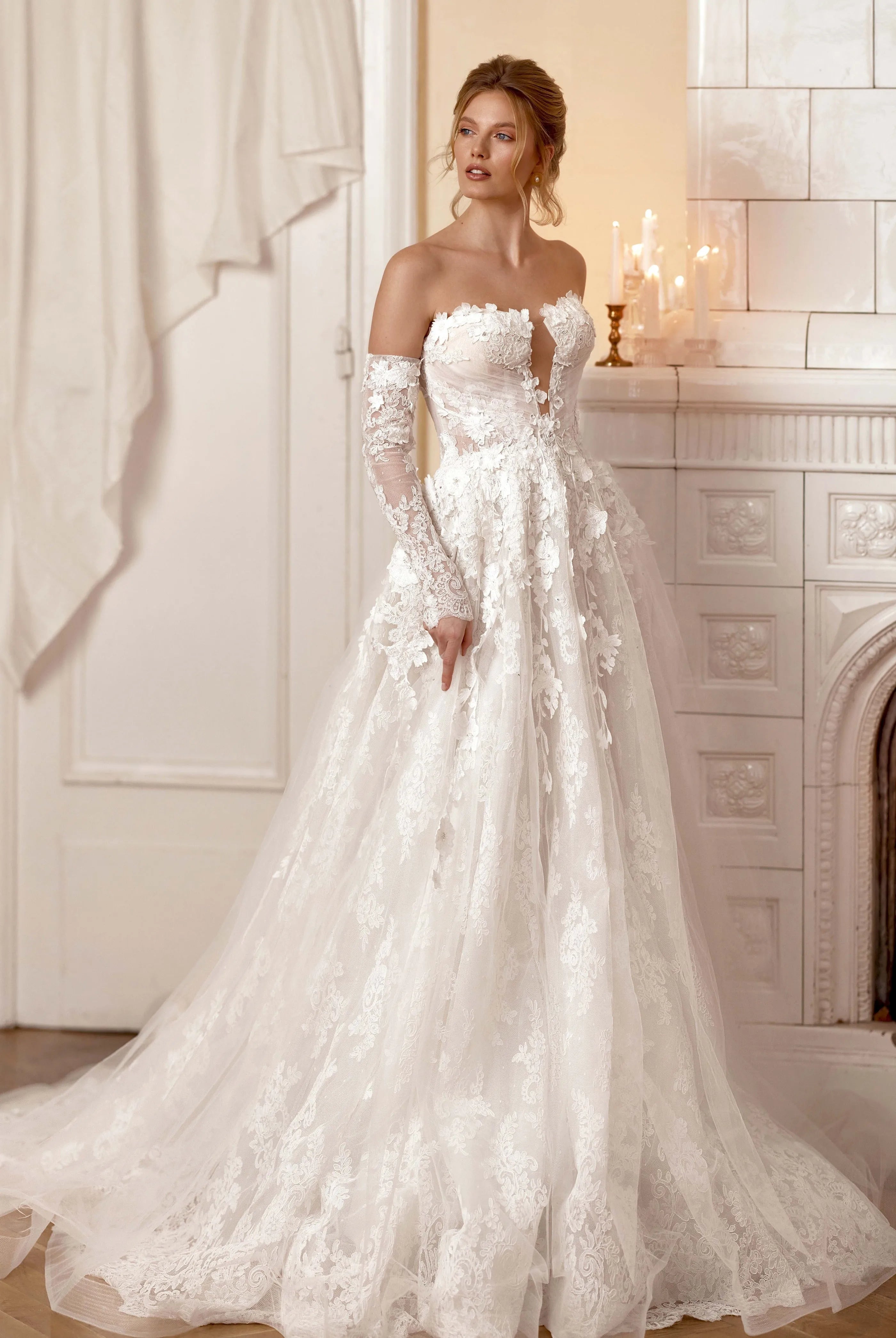 Romantic Ball Gown Sweetheart Off-the-Shoulder Lace-Up Back Floor-Length Wedding Dresses