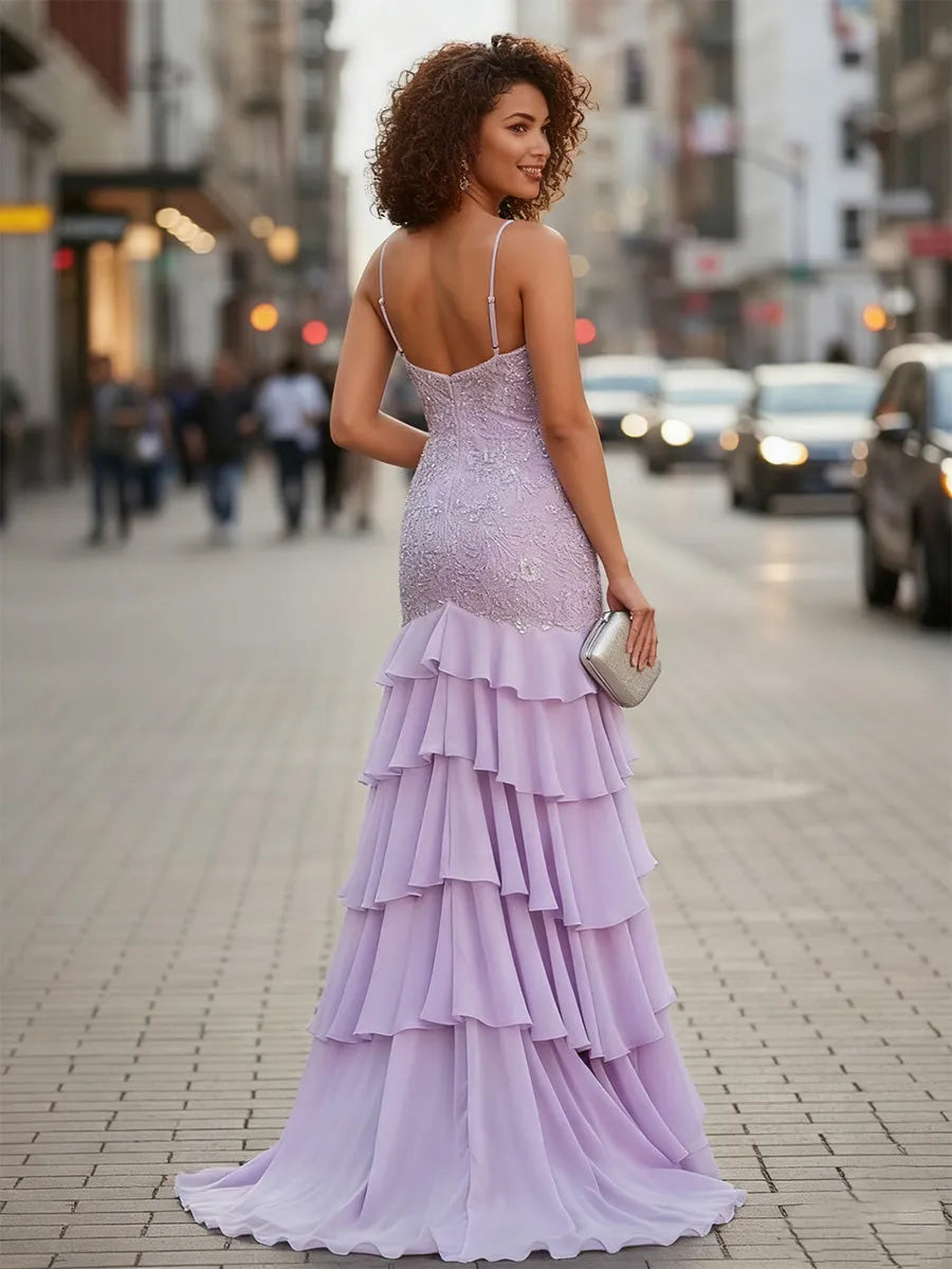 Romantic Mermaid V-Neck Spaghetti Strap Ruffled Back Floor-Length Prom Dresses