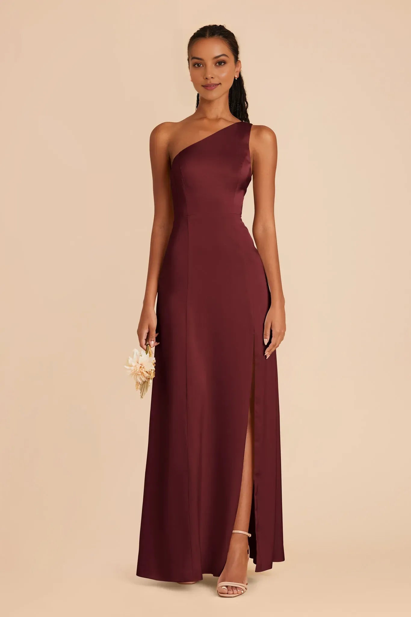 Romantic satin Sheath One-Shoulder Sleeveless Open-Back Floor-Length Prom Dresses With Side Leg Slit
