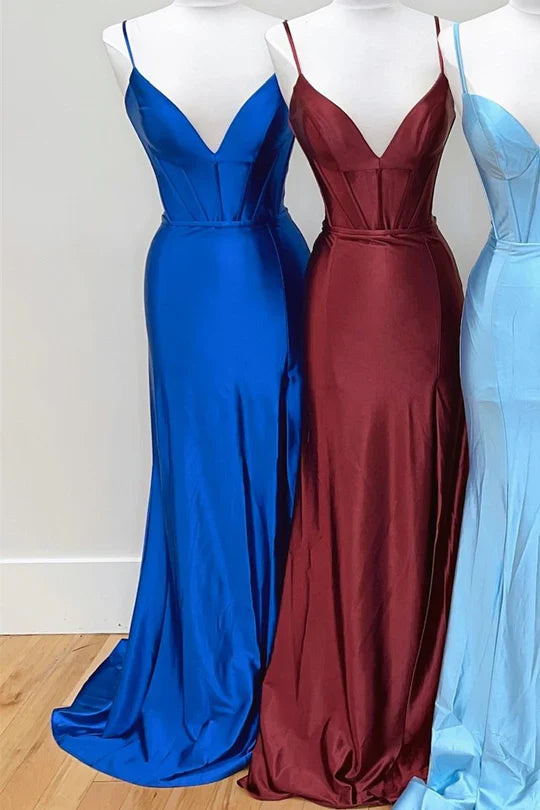 Royal Blue Satin Spaghetti Strap Corset Mermaid Maxi Dress with High Slit & Train