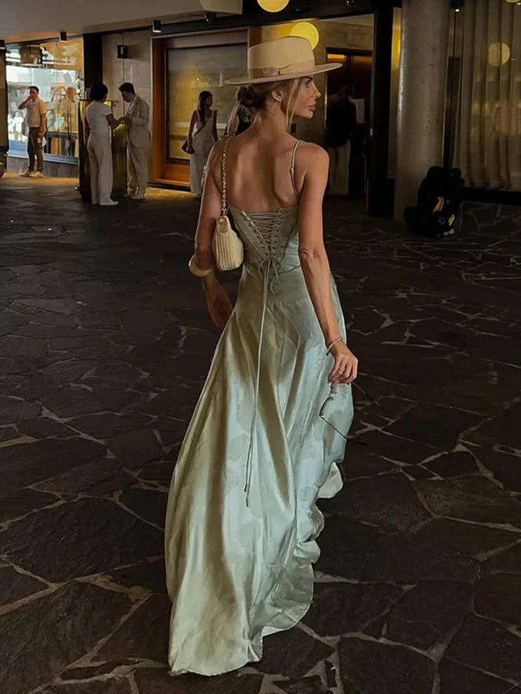 Sage Green Floral Jacquard Satin Spaghetti Strap Lace-Up Back Maxi Prom Dress