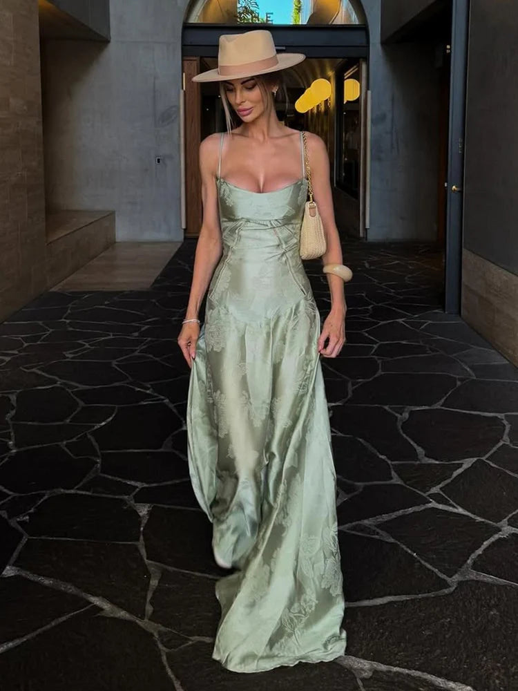 Sage Green Floral Jacquard Satin Spaghetti Strap Lace-Up Back Maxi Prom Dress