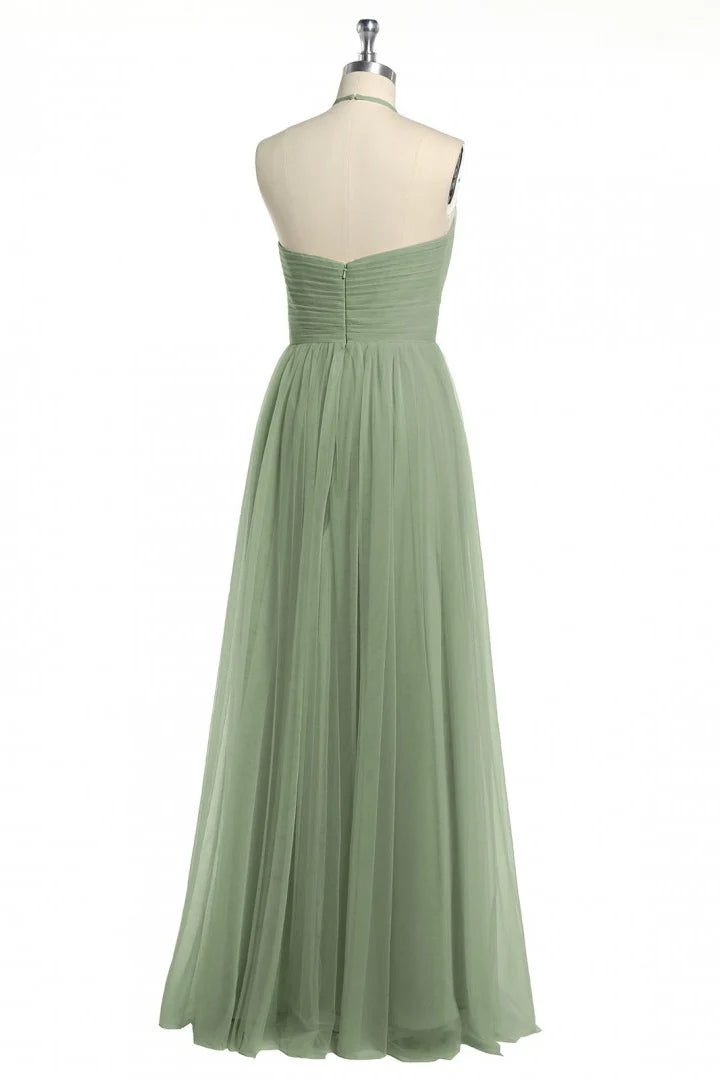 Sage Green Halter Neck Tulle Maxi Prom Dress with Pleated Bodice