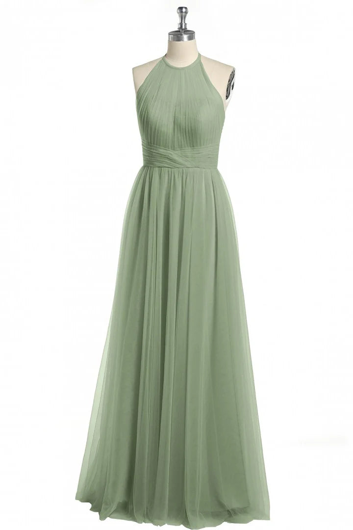 Sage Green Halter Neck Tulle Maxi Prom Dress with Pleated Bodice
