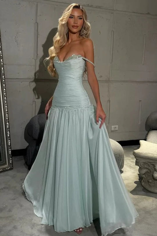 Sage Green Off Shoulder Beaded Mermaid Chiffon Maxi Dress For Prom