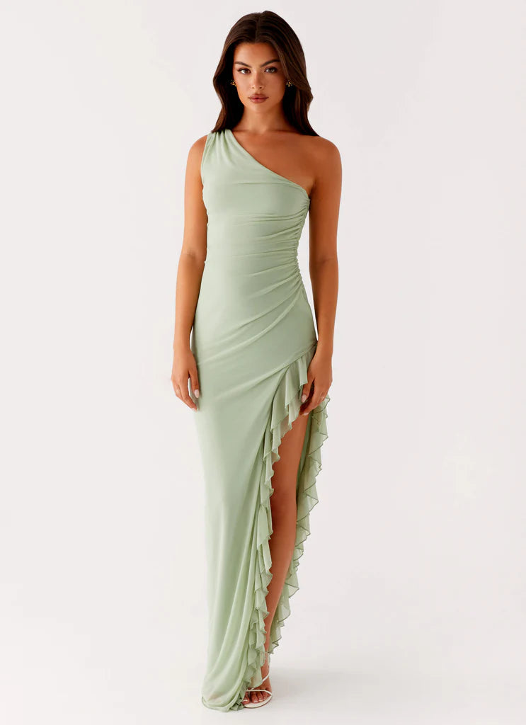 Sage Green One Shoulder Ruched Ruffle Maxi Prom Dress For Elegant Formal Evening Events