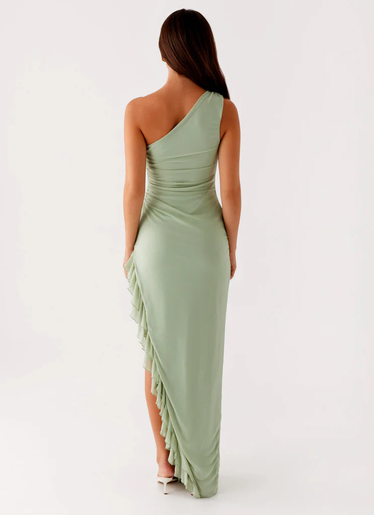 Sage Green One Shoulder Ruched Ruffle Maxi Prom Dress For Elegant Formal Evening Events