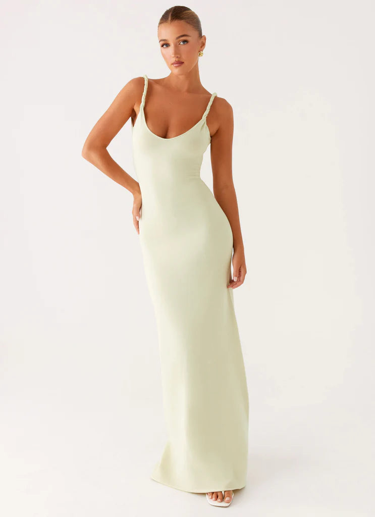 Sage Green Ribbed Twisted Strap Backless Maxi Dress For Elegant Casual Party Events