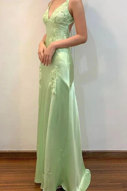 Sage Green Satin Lace Applique Backless Maxi Prom Dress