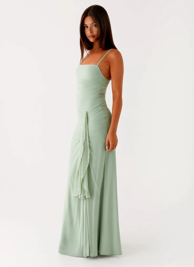 Sage Green Square Neck Ruched Ruffle Maxi Dress For Elegant Casual Party Events