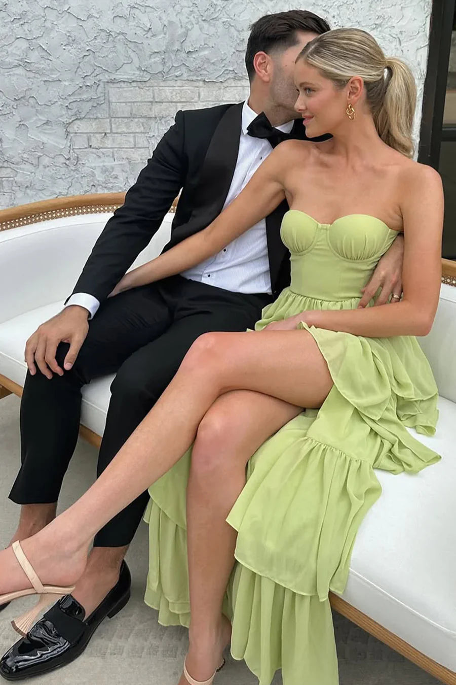 Sage Green Strapless Tiered Ruffle Chiffon Prom Dress with High Slit