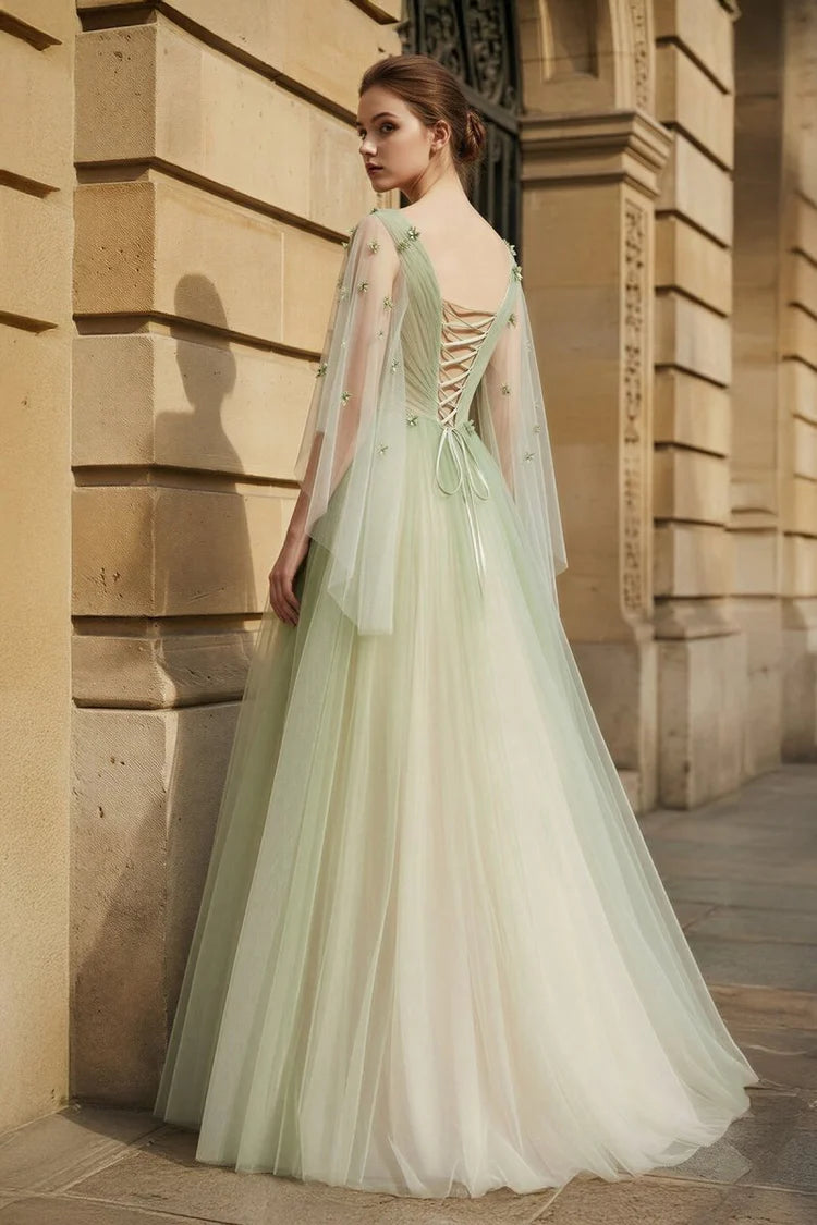 Sage Green Tulle V-Neck with Sheer Cape Sleeves & Lace-Up Back Prom Dress