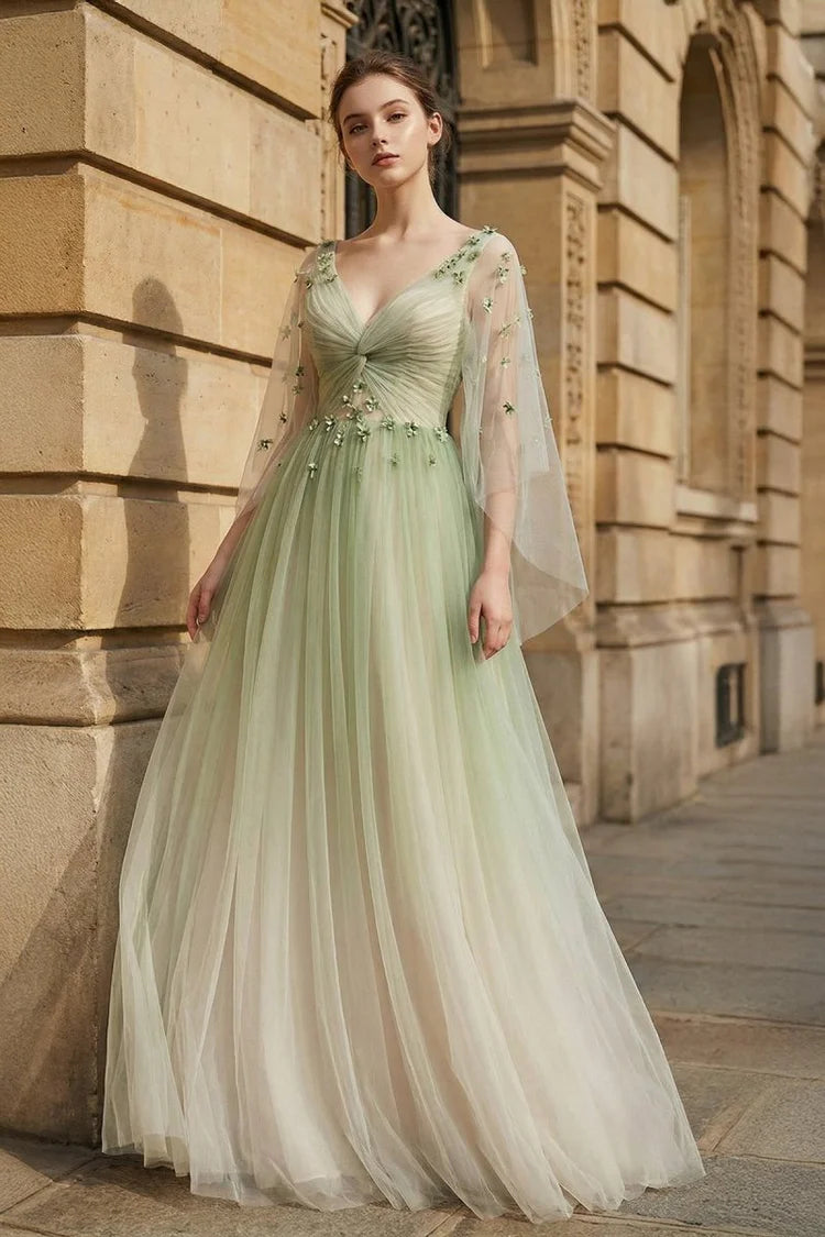 Sage Green Tulle V-Neck with Sheer Cape Sleeves & Lace-Up Back Prom Dress