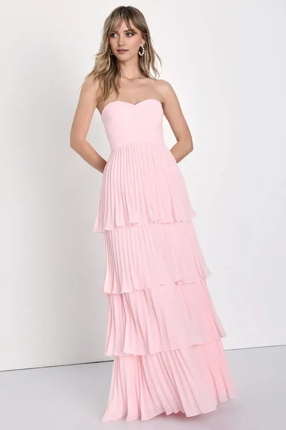 Sexy Light Pink A-Line Strapless Neck Sleeveless Back Zip Back Floor-Length Tiered Pleated Prom Dress