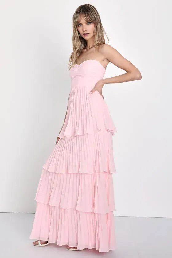 Sexy Light Pink A-Line Strapless Neck Sleeveless Back Zip Back Floor-Length Tiered Pleated Prom Dress