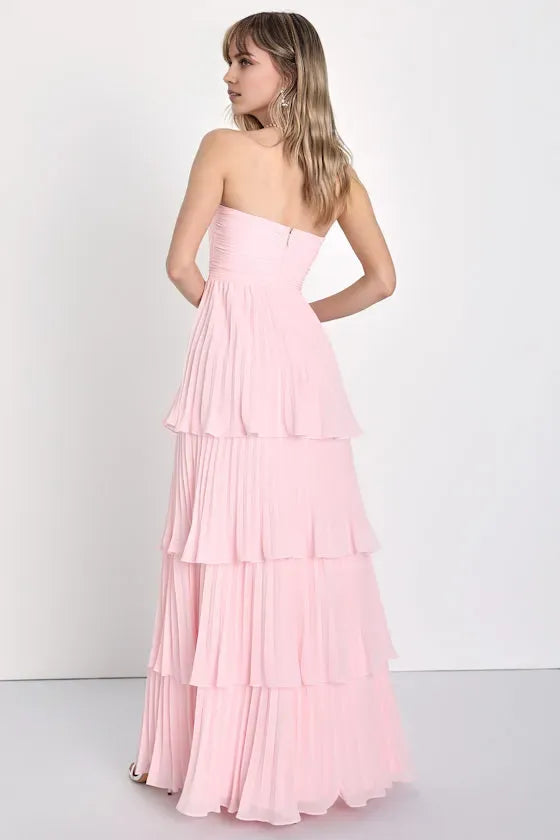 Sexy Light Pink A-Line Strapless Neck Sleeveless Back Zip Back Floor-Length Tiered Pleated Prom Dress