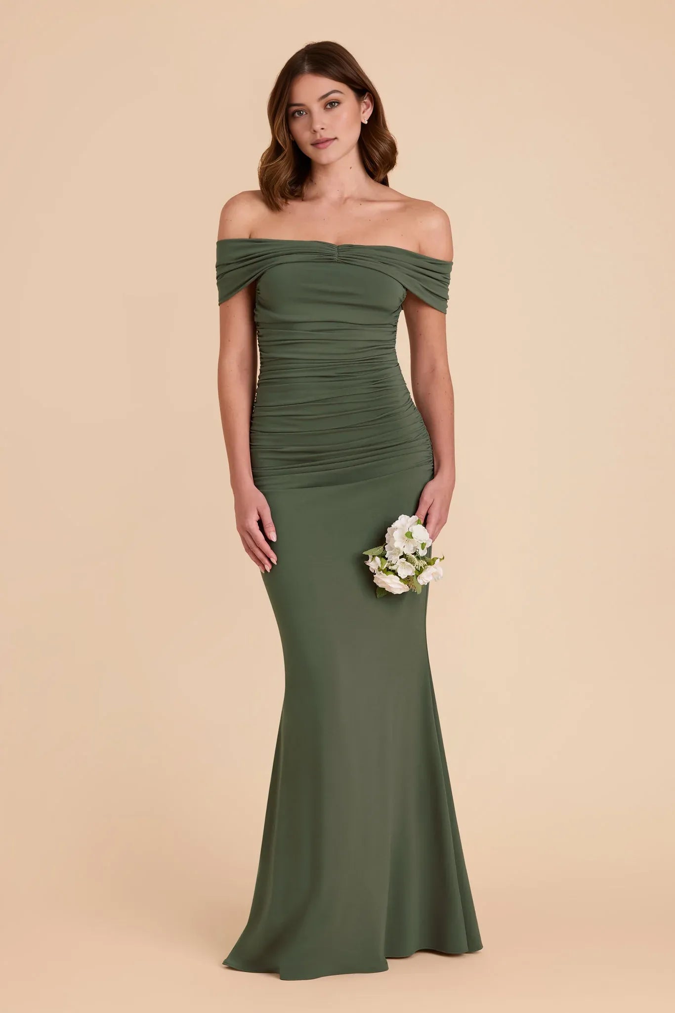 Sexy Mermaid Off-Shoulder Short-Sleeve Open-Back Back Zip Floor-Length Prom Dresses with Ruched