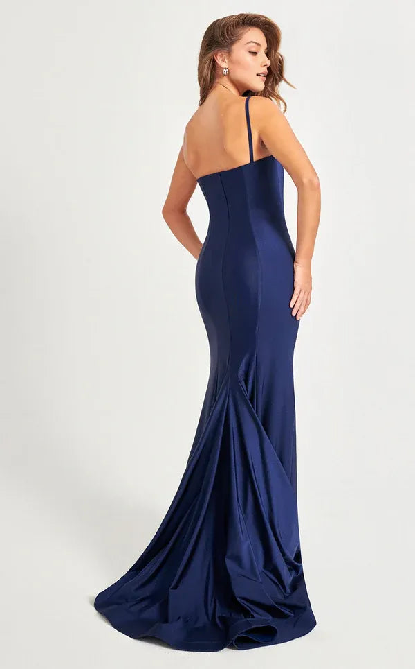 Sexy Navy Mermaid One-Shoulder Sleeveless Back Zip Ruched Bodice Floor-Length High Slit Satin Prom Dresses