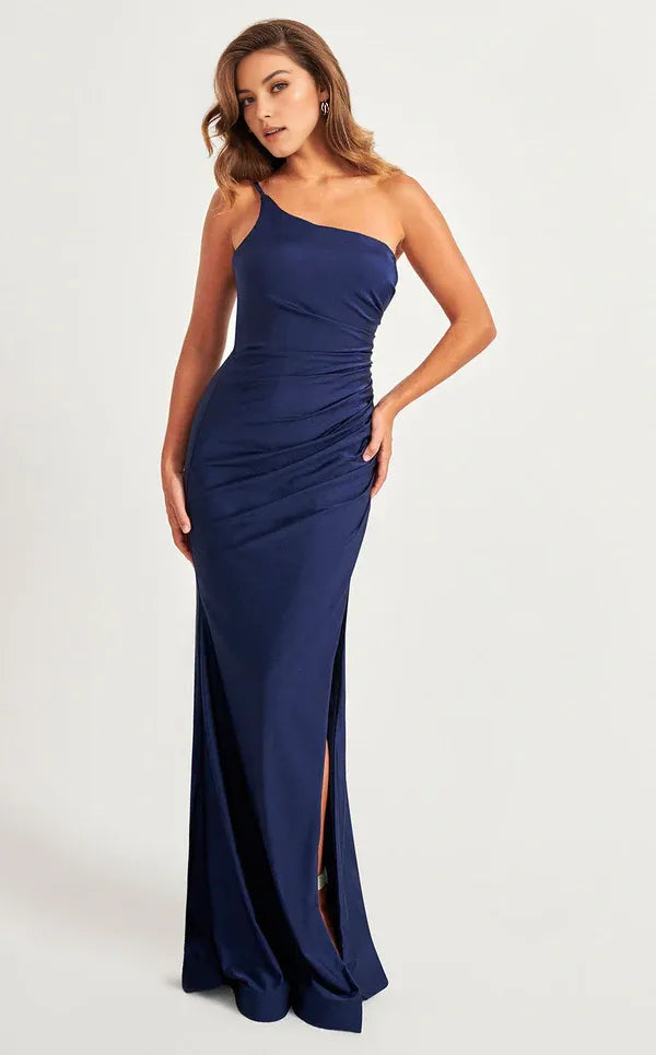 Sexy Navy Mermaid One-Shoulder Sleeveless Back Zip Ruched Bodice Floor-Length High Slit Satin Prom Dresses