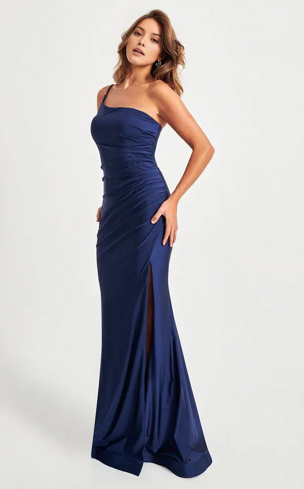 Sexy Navy Mermaid One-Shoulder Sleeveless Back Zip Ruched Bodice Floor-Length High Slit Satin Prom Dresses