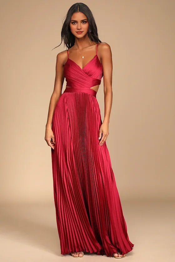 Sexy Red A-Line V Neck Spaghetti Strap Cut-Out Floor-Length Pleated Satin Prom Dresses Hot sale