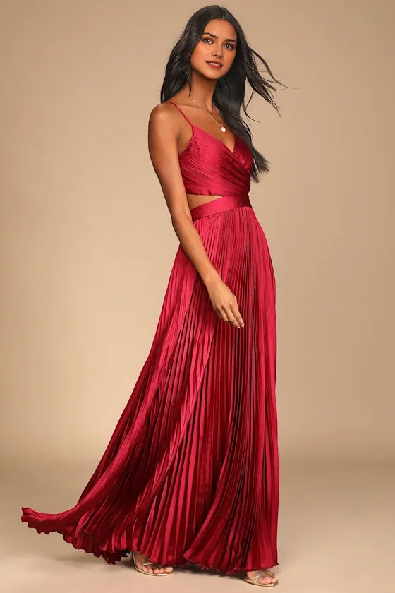 Sexy Red A-Line V Neck Spaghetti Strap Cut-Out Floor-Length Pleated Satin Prom Dresses Hot sale