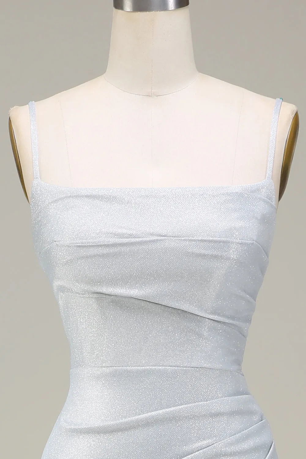 Shimmering Mermaid Square Neck Spaghetti Strap Back Zip Pleated Floor-Length Metallic Prom Dress ﻿