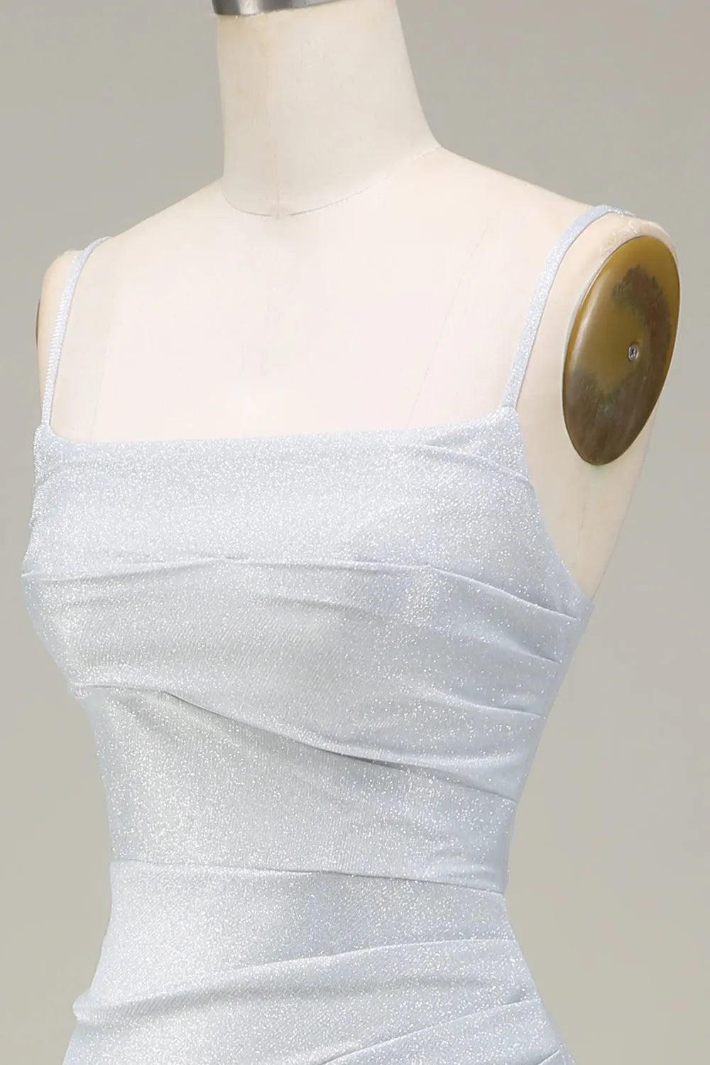 Shimmering Mermaid Square Neck Spaghetti Strap Back Zip Pleated Floor-Length Metallic Prom Dress ﻿