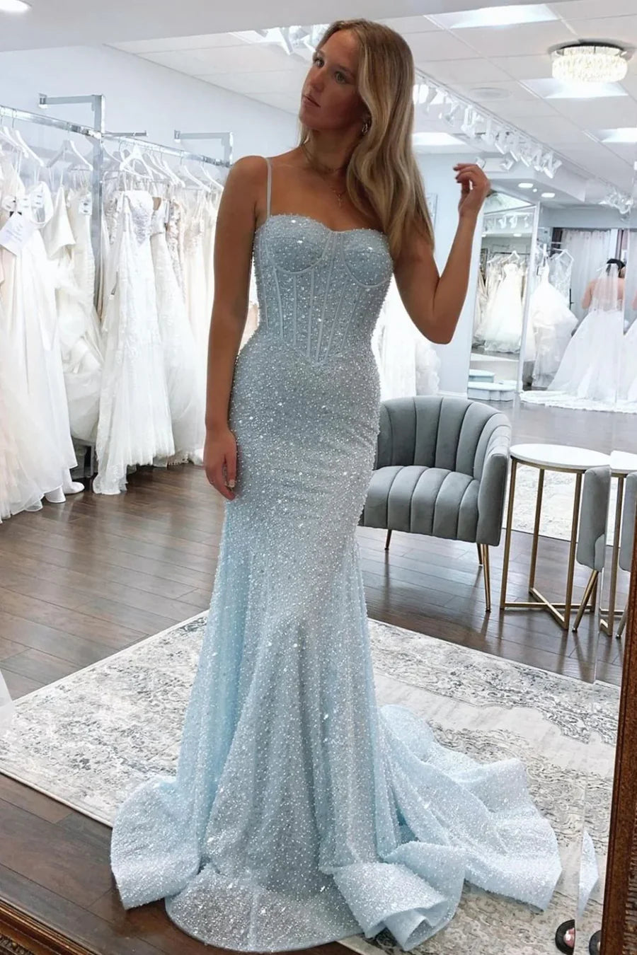 Silver Sequin Corset Mermaid Prom Dress with Train