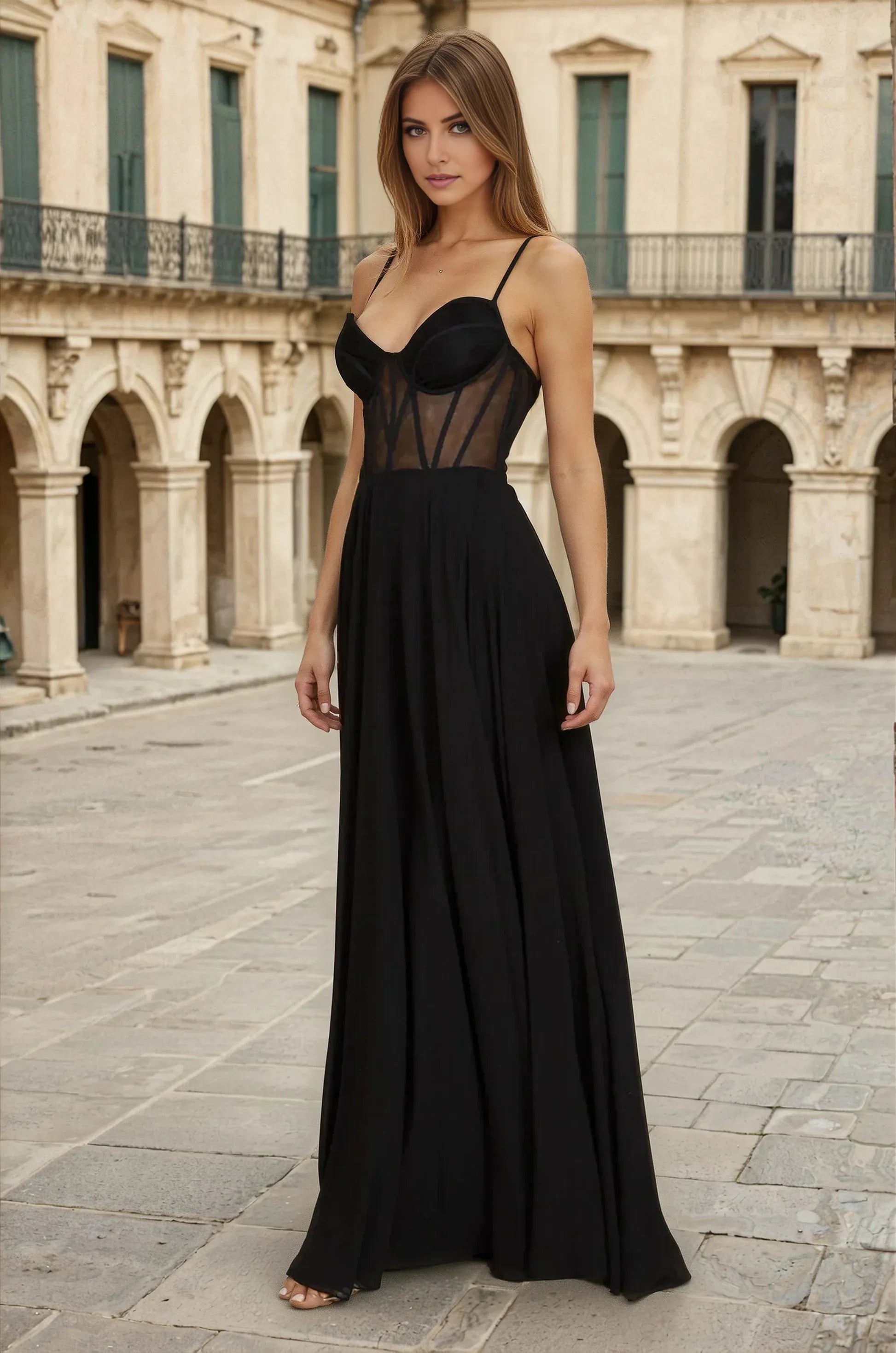 Simple A-Line Spaghetti Straps Sleeveless Crisscross Back Floor-Length Sheer-Corset High-Slit Chiffon Prom Dress
