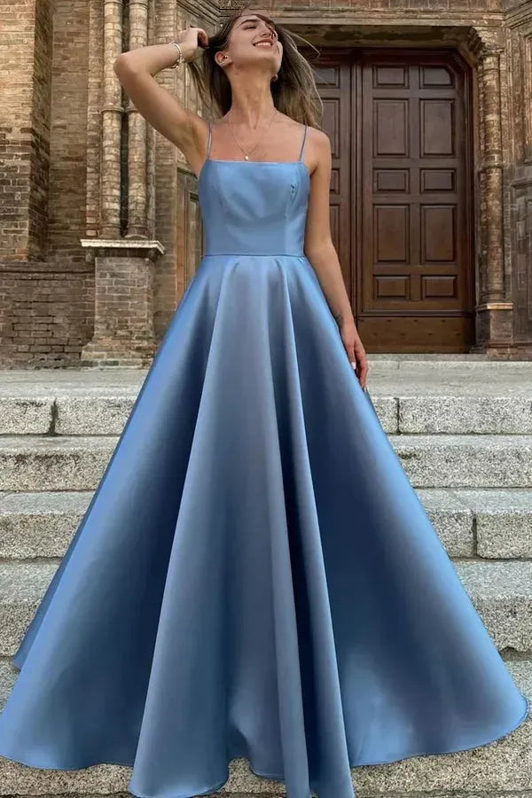 Simple A-Line Square Neck Spaghetti Straps Pleated Crisscross Back Satin Floor-Length Prom Dresses