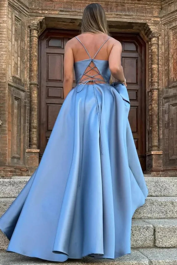 Simple A-Line Square Neck Spaghetti Straps Pleated Crisscross Back Satin Floor-Length Prom Dresses