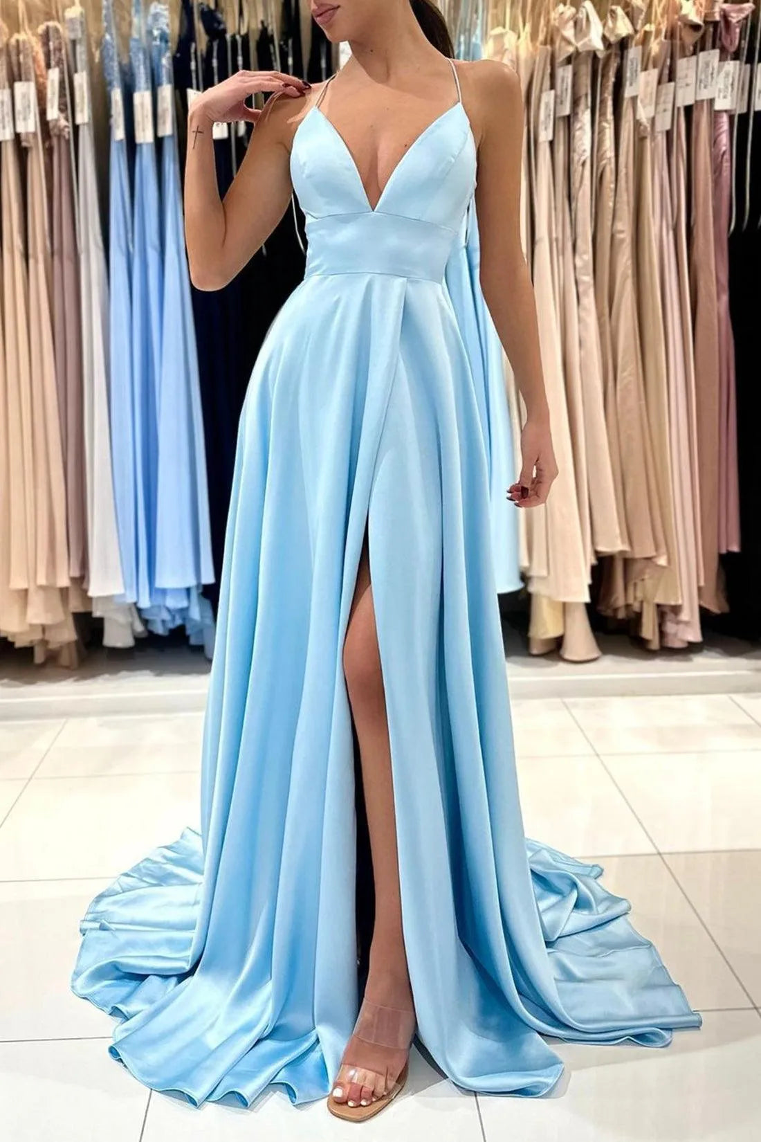 Simple Blue A-Line Deep V-Neck Spaghetti Strap Crisscross-Back Floor-Length High Slit Satin Prom Dress