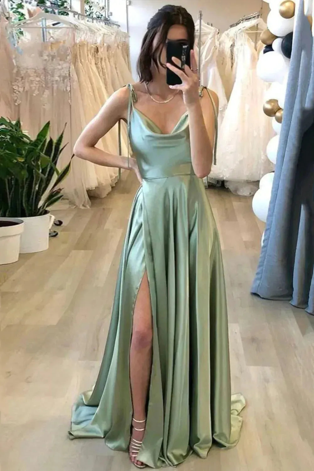 Simple Light Green A-Line Cowl Neck Tie-Shoulder Satin High Side Slit Floor-Length Prom Dresses