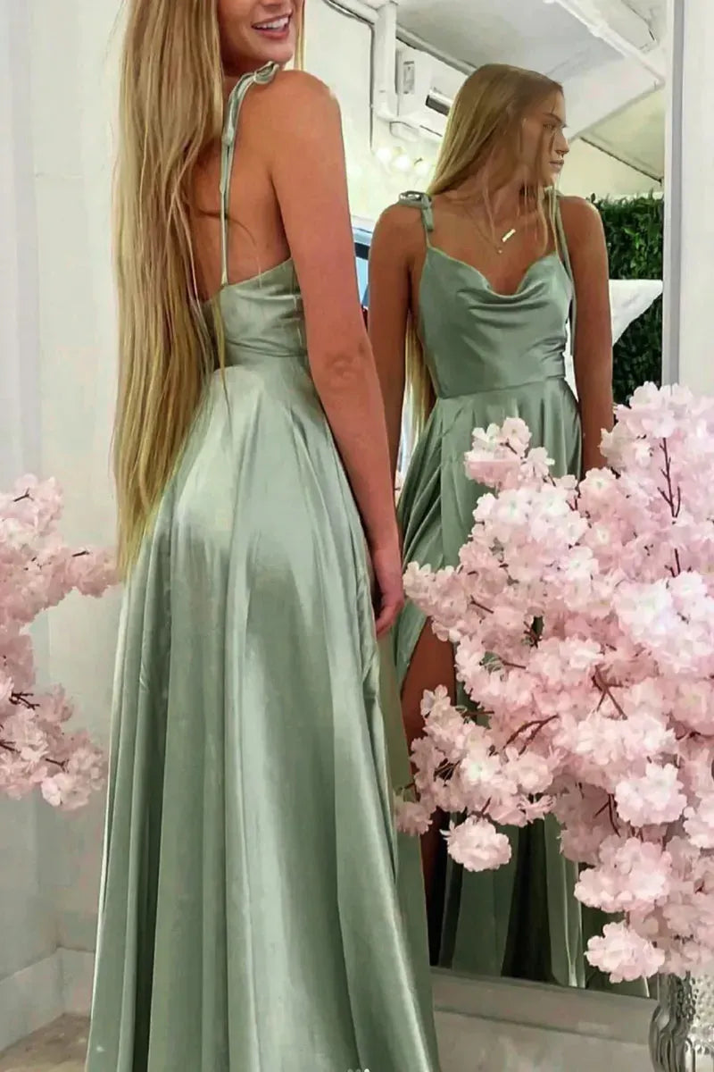 Simple Light Green A-Line Cowl Neck Tie-Shoulder Satin High Side Slit Floor-Length Prom Dresses