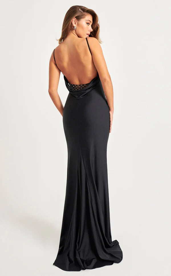 Simple Black Mermaid Cowl Neck Spaghetti Straps Open-Back Floor-Length Ruched Bodice Satin Prom Dresses