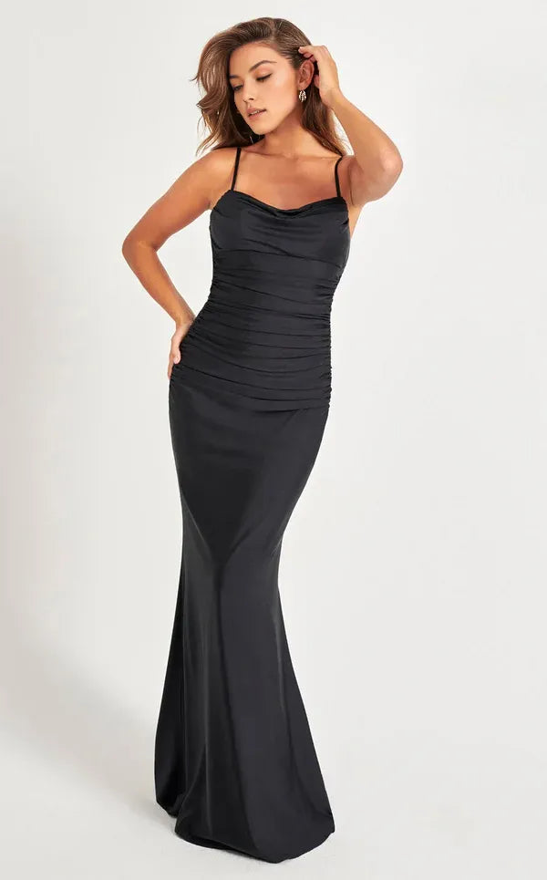 Simple Black Mermaid Cowl Neck Spaghetti Straps Open-Back Floor-Length Ruched Bodice Satin Prom Dresses